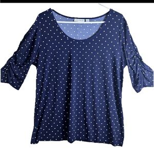 Susan Graver Top Women's Navy Blue Polka Dot Liquid Knit Ruched Half Sleeve Sz L